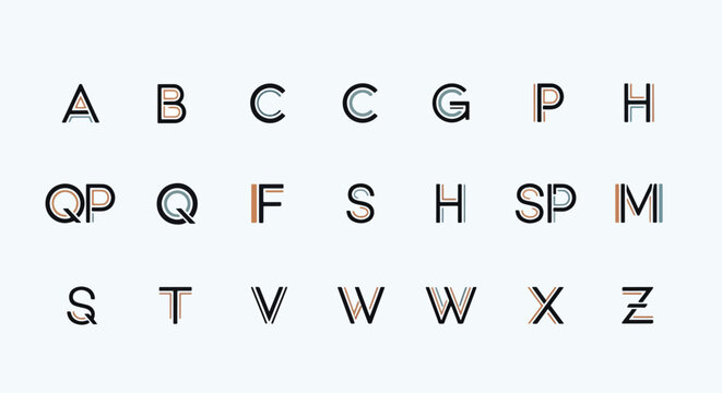 Stylish Typography Display Featuring Varied Letterforms in Linear Arrangement A Set of Types for Creative Visualizations Distinctive Font Characters Forming an Artistic Pattern Typeface
