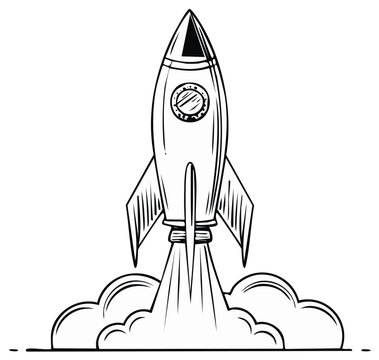 Classic retro rocket taking off with exhaust smoke in black and white line art illustration