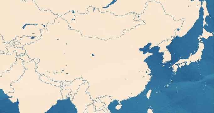 Beautiful zoom in of a china map with most important cities and frontier lines