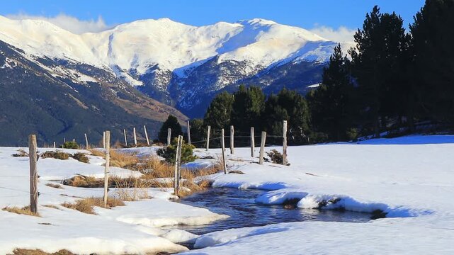 -Stream in Font Romeu at the end of winter, flowing through the fields.
20-second fixed-shot video. Water running through the Pyrenees in winter.