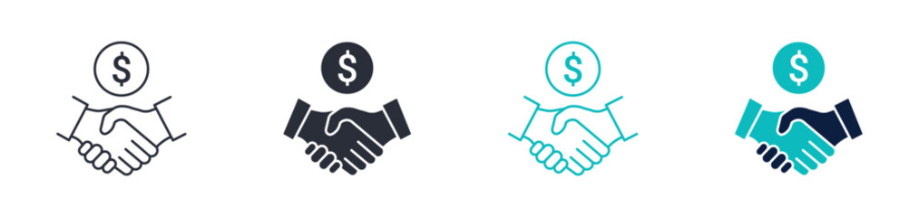Business deal icons, handshake with dollar symbol, partnership agreement and finance icon in line and silhouette style, vector illustration © Masuda Akthar