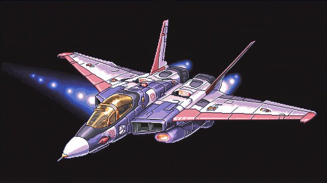 Pixel art jet fighter flying against black background. Retro eighties arcade game style warplane. Military aircraft flying at speed, concept of aviation technology and combat simulation.