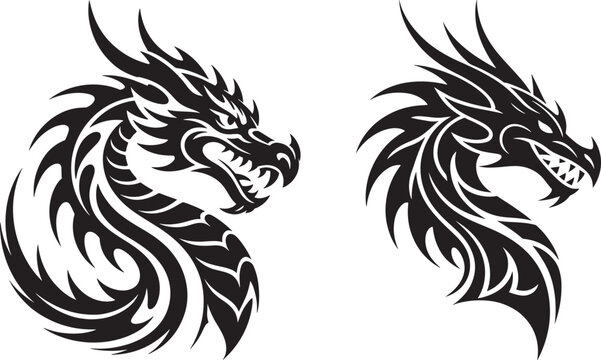 Tribal dragon head illustrations vector set for tattoo and graphic design with black and white