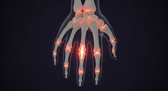 X-ray of a human hand with highlighted joints and bones
