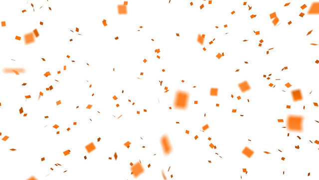 Orange confetti over transparent background with depth of field. 3D render.