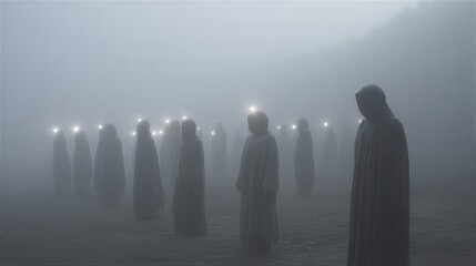 Fototapeta premium Group of people in hooded robes standing in thick fog. Figures wearing cloaks with glowing lights above their heads. Mystical gathering in dark atmosphere. Surreal cult and ritual scene.