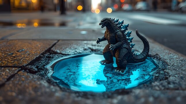Miniature Godzilla figurine standing in a bright blue resin puddle pothole.