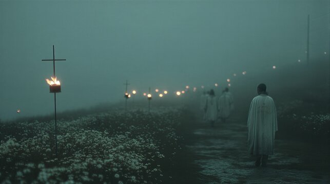 Procession of monk in robe walking along path with lighted cross in misty meadow. Religious ritual in fog at night. Spiritual atmosphere, faith, pilgrimage and solemn meditation.