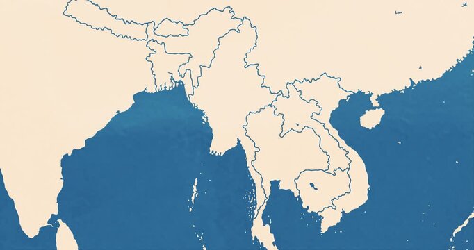 Beautiful zoom in of a myanmar map with most important cities and frontier lines