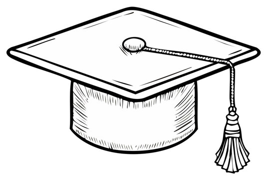 Academic graduation cap with tassel sketch, black and white drawing