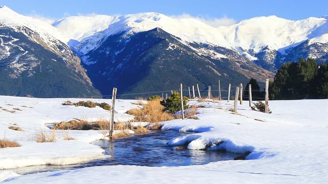 -Stream in Font Romeu at the end of winter, flowing through the fields.
20-second fixed-shot video. Water running through the Pyrenees in winter.