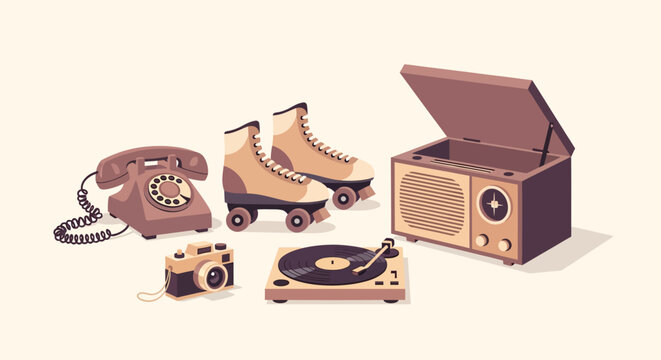 Vintage gadgets collection featuring phone roller skates radio vinyl
