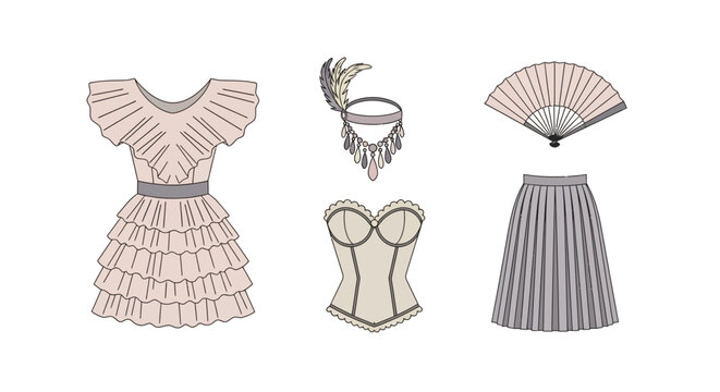Vintage fashion set with flapper dress corset and accessories in flat