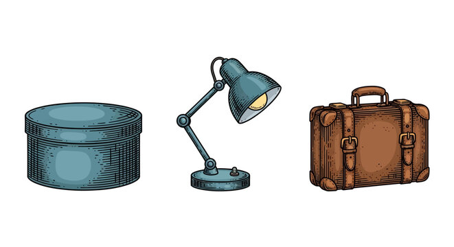 Vintage objects collection: round box desk lamp and leather luggage