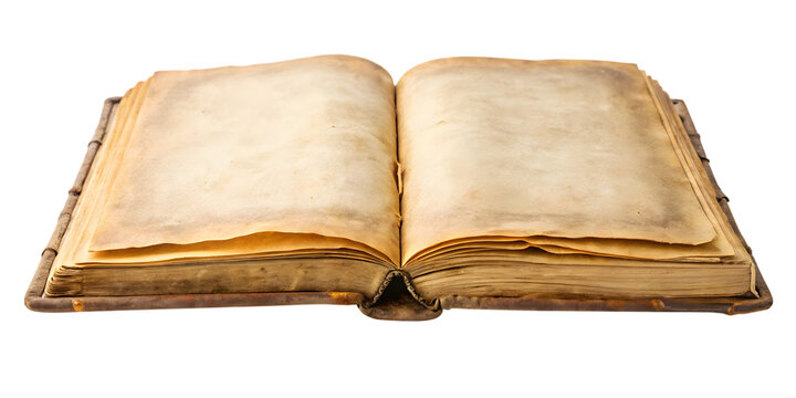 Old open book with blank yellow pages and worn leather cover isolated on a transparent background old book