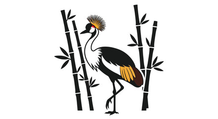 Elegant grey crowned crane stands amidst stylized bamboo stalks in a graphic design © Ziaul_Studio