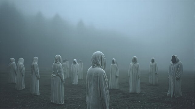 Group of people in robes standing in heavy fog. Mysterious figures wearing white hooded cloaks on a field. Concept of cult, ritual, afterlife, fantasy, mystery and supernatural gathering.