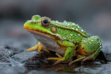 Obraz premium Green frog sitting on wet stone