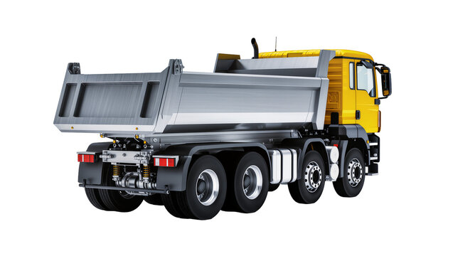 Heavy duty yellow and silver dump truck, a robust construction vehicle for industrial transport, isolated PNG on transparent background
