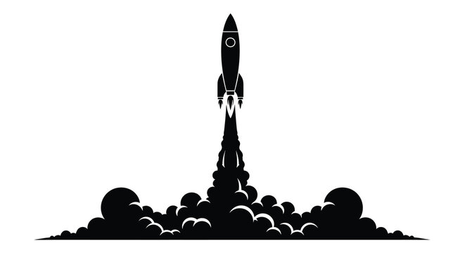 A sleek black silhouette of a rocket launching with a trail of smoke and fire below high quality professional