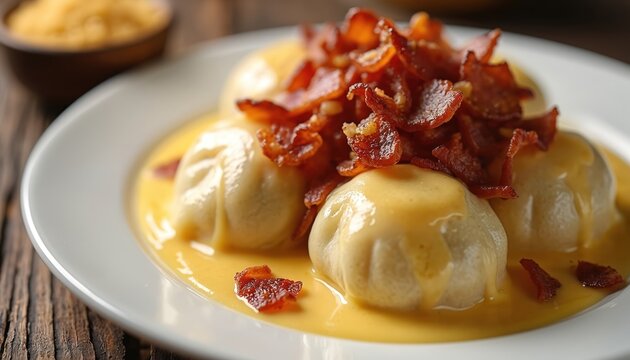 Potato dumplings bryndzove halusky with cheese sauce and crispy bacon on white plate. Traditional slovak meal served hot in restaurant. Hearty comfort food.