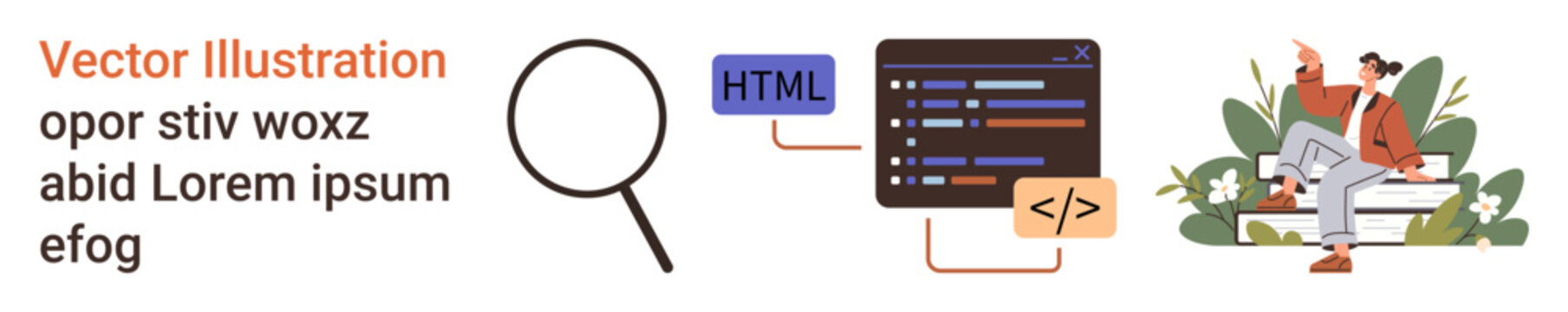 Web design, coding, programming, IT learning, debugging, technology education. Magnifying glass, HTML elements and a person coding. Web development and programming concept