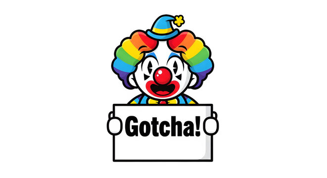 Cute Cartoon Clown Character Vector Illustration with Rainbow Wig Red Nose Holding Gotcha Prank Sign
