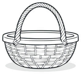Fototapeta premium Handwoven wicker basket with a braided rope handle depicted in a simple outline drawing