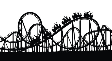 A striking black silhouette depicts a thrilling rollercoaster ride with riders ascending and descending curves high quality professional detailed © Asikder02
