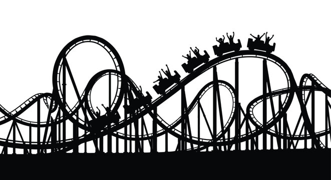 A striking black silhouette depicts a thrilling rollercoaster ride with riders ascending and descending curves high quality professional detailed