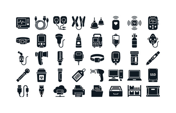 Clinical monitoring accessories featuring hospital bedside monitor, ECG cable bundle, chest electrode pads, limb electrode clips,