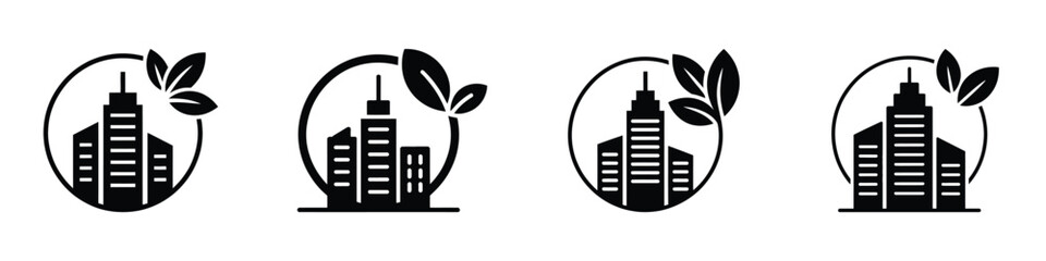 Obraz premium Earth Day Green City Vector Illustration – April 22 Eco Friendly Urban Building Icon with Leaves, Sustainable Architecture, Clean Energy and Environmental Awareness Concept