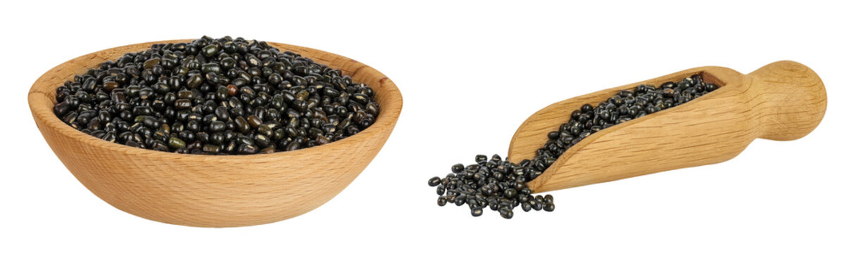 Black bean or Urad dal, black gram, vigna mungo in wooden bowl and spoon isolated on the white background