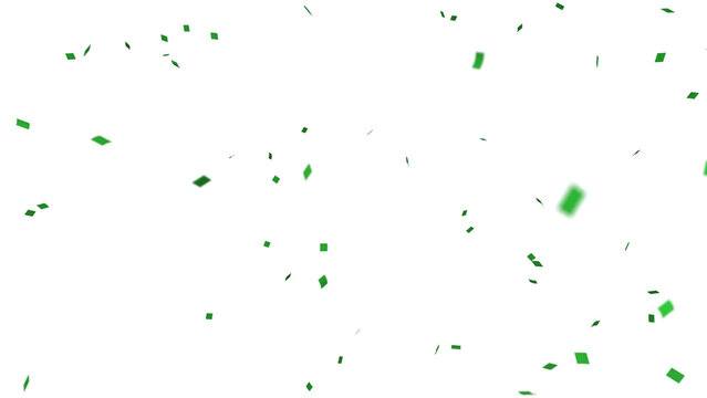 Green confetti over transparent background with depth of field. 3D render.