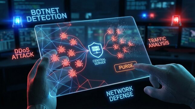 Hands interacting with a transparent screen displaying a botnet detection concept for network security and digital defense
