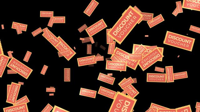Discount voucher animation floating randomly from center on black background. 4K animated discount voucher sale for promotion overlay, coupon campaign, and marketing motion graphics.