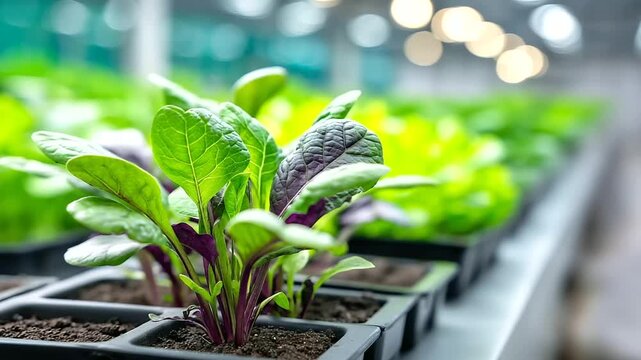 Fresh green and purple seedlings growing in controlled environment, illustrating sustainable urban farming, vertical farms and eco-friendly food production, defocused plant rows,