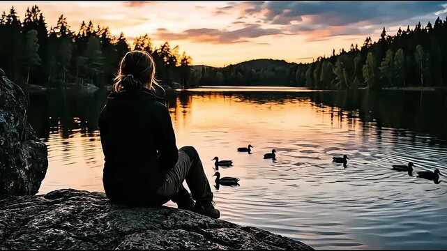 Woman Sitting on a Rock by a Quiet Lake at Sunset Watching Ducks Swim By