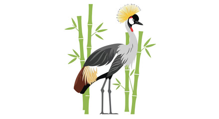 Obraz premium Stylized grey crowned crane stands amidst a bamboo forest illustration