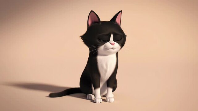 Animated cartoon cat with eyes closed sitting calmly on a beige background rendered for stock footage applications