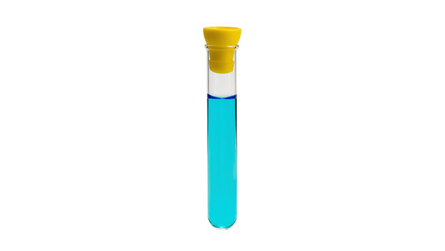 Glass test tube with vibrant blue liquid and yellow rubber stopper, isolated scientific laboratory equipment for chemical experiments PNG