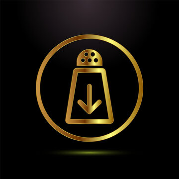 Gold low sodium icon with a salt shaker and an arrow on a black background