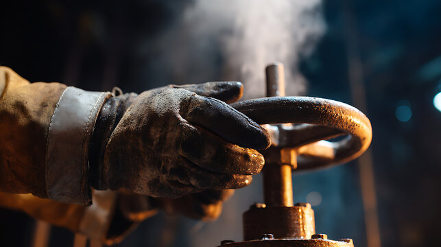Industrial worker hand in protective glove turn valve with steam release. Focus on safety, machine operation, dark background, warm light