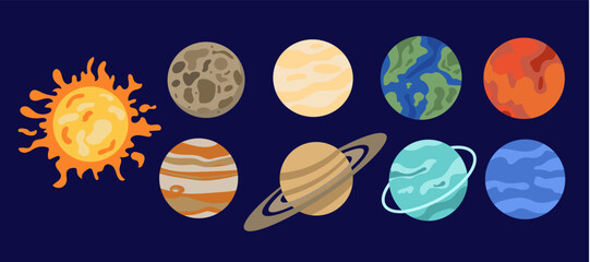  Educational collection of solar system planets and sun on dark background. Space elements for kids science projects, astronomy posters, and nursery wall art.  © Инна Музыка