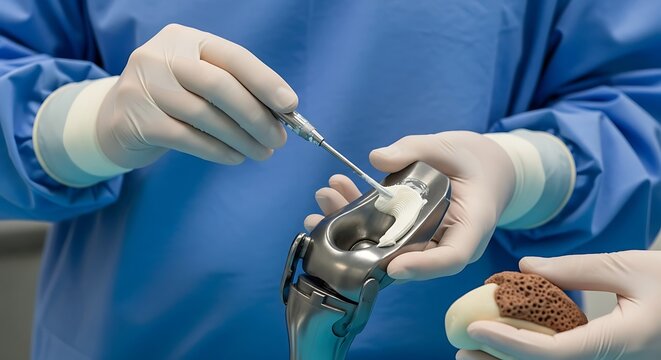 Medical professional assembling metal prosthetic knee joint
