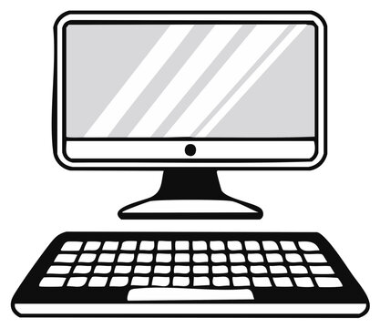 Black and white illustration of a computer monitor and keyboard.