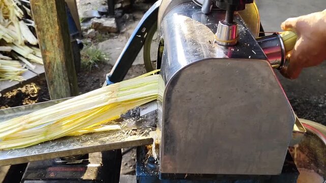 sugarcane juice seller who is draining sugarcane juice using a machine