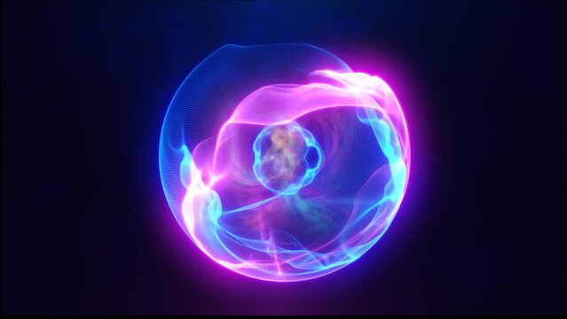 Blue purple energy sphere with glowing bright particles, atom with electrons and elektric magic field scientific futuristic hi-tech abstract background