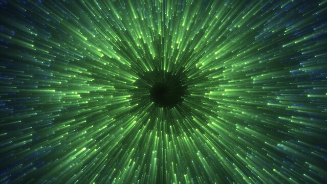 Abstract green energy magical glowing spiral swirl tunnel particle background with bokeh effect