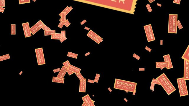 Discount voucher animation falling randomly from top to bottom on black background. 4K animated discount voucher sale for promotion overlay, coupon campaign, and marketing motion graphics.